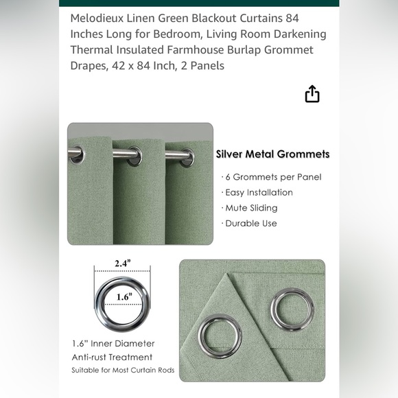 Green Faux Linen Blackout Curtains Set of 2 - Picture 4 of 8